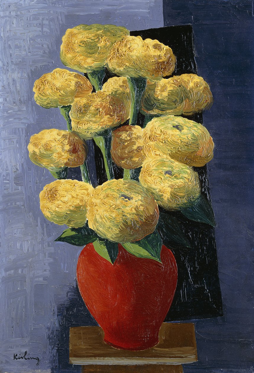红花瓶中的黄花；Fleurs Jaunes dans un Vase Rouge 作者 莫伊斯·基斯林