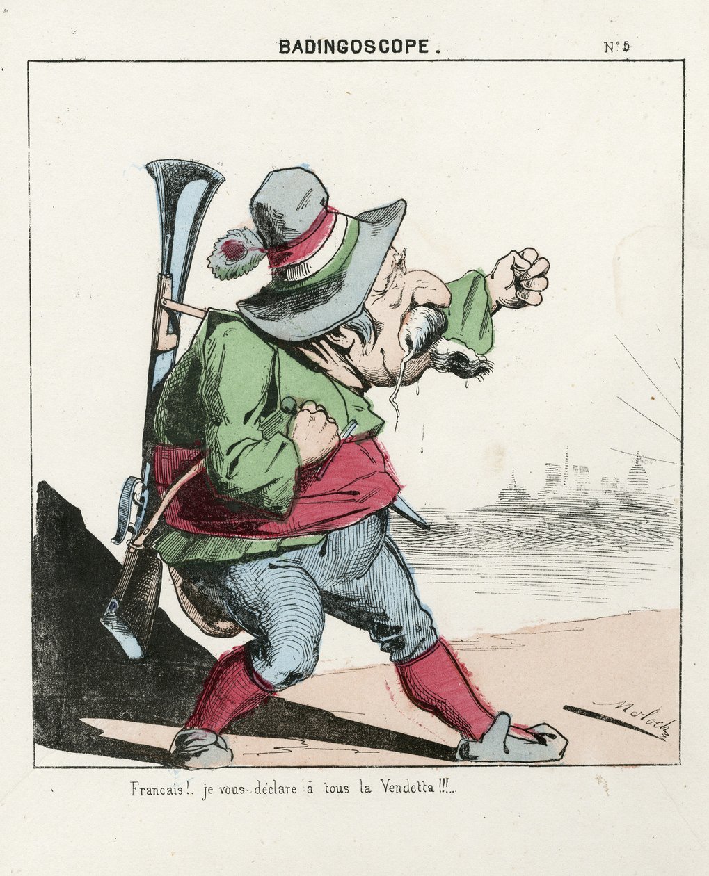 飞叶，第 5 号，彩色讽刺画，约 1870 年：Badingoscope - 巴黎公社/战争/围攻，亨特，共和国总统 - 拿破仑三世 - 莫洛（1849-1909 年）的插图 作者 主宰
