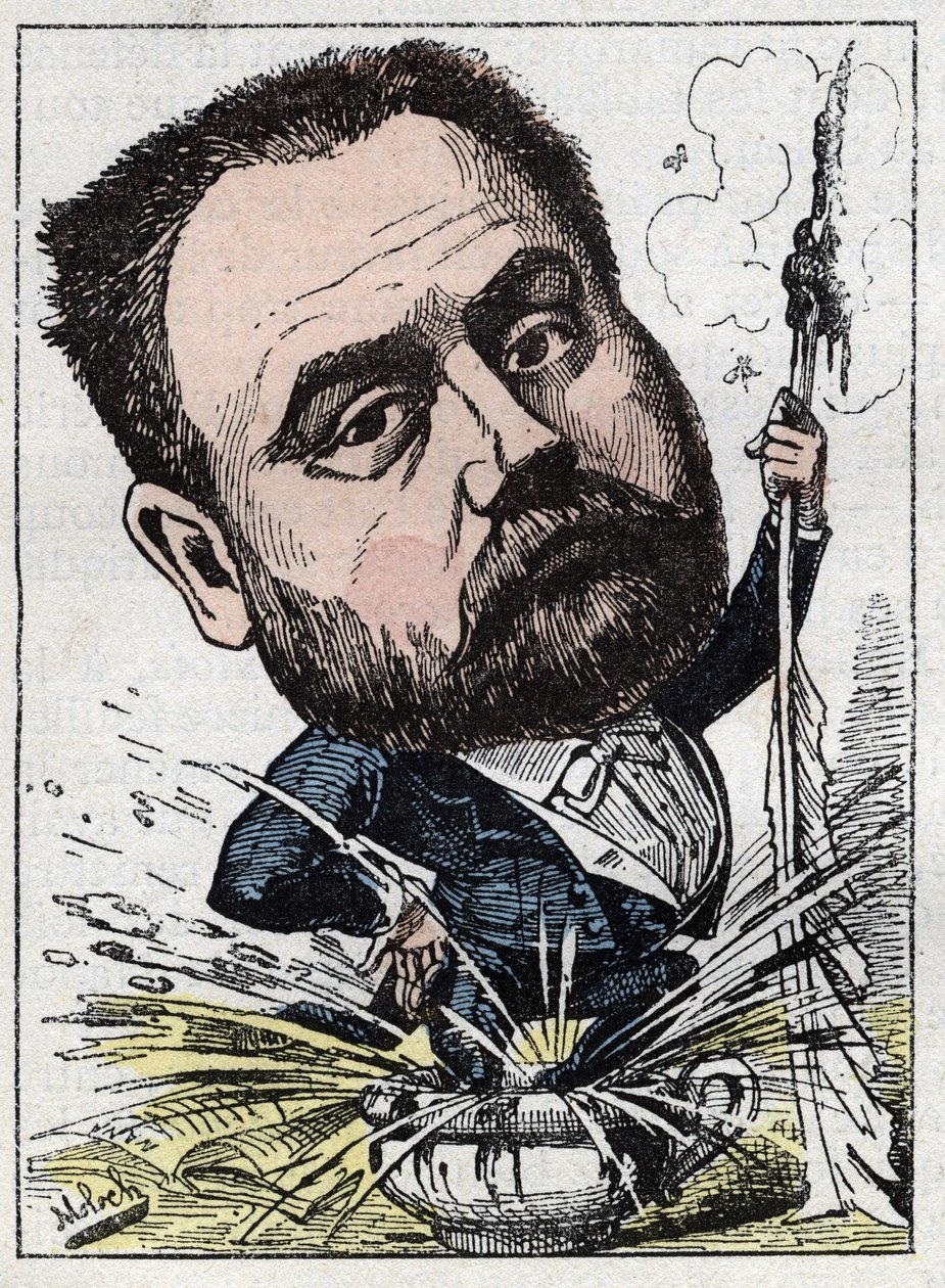 埃米尔-左拉（1840-1902）法国作家在Touchatout的 "Le Trombinoscope "中的肖像，B. Moloch于1882年创作的漫画（1849-1909）。私人收藏。 作者 主宰