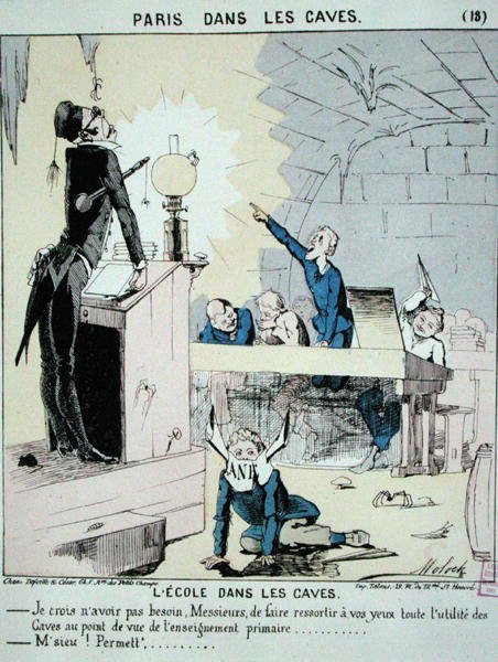地窖里的学校，摘自《山洞里的巴黎》，约1870年（彩色雕刻）。 作者 主宰