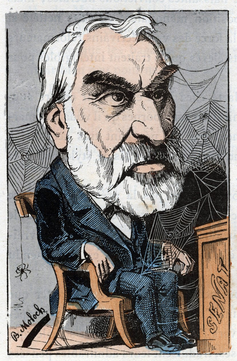 Eugene Pelletan (1813-1884)，法国文学记者和政治家，在Touchatout的 "Le Trombinoscope "中，B. Moloch于1882年创作的漫画（1849-1909）。私人收藏。 作者 主宰