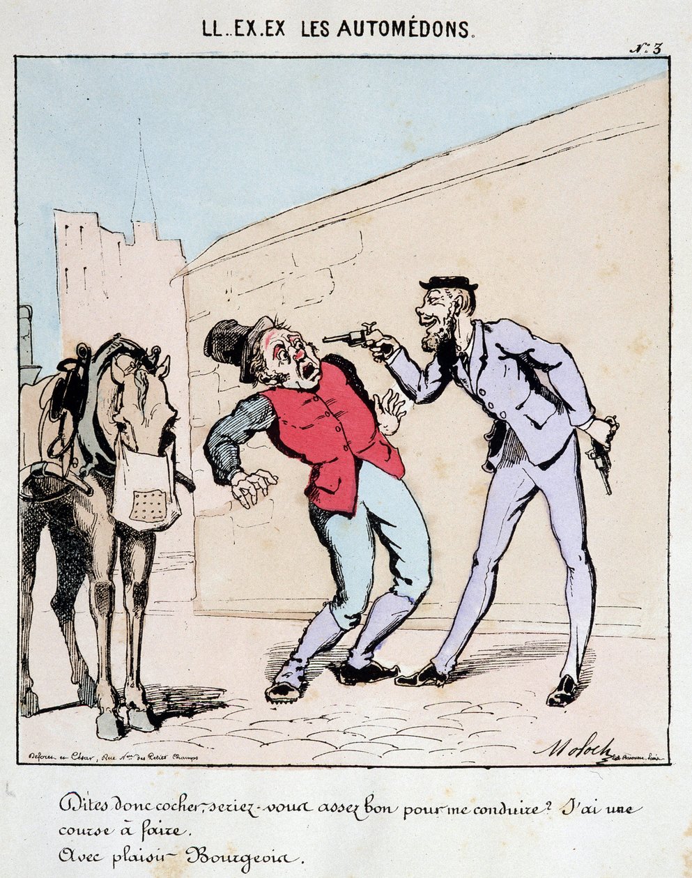 HE. EX. EX. Motoredons: Cartoon of transport in the city. A bourgeois politely asks a coachman to drive him while threatening him with guns. Drawing by Moloch (1849-1909), around 1860. 作者 主宰