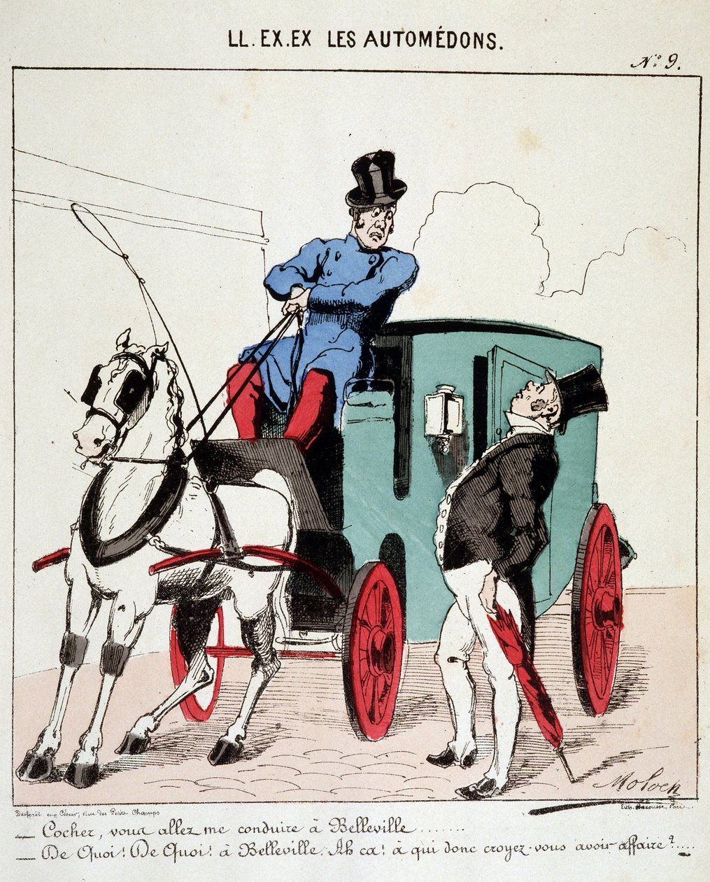 HE. EX. EX. Motoredons: Cartoon of transport in the city. A coachman refuses to take a bourgeois to Belleville (Quartier de Paris). Drawing by Moloch (1849-1909), around 1860. 作者 主宰