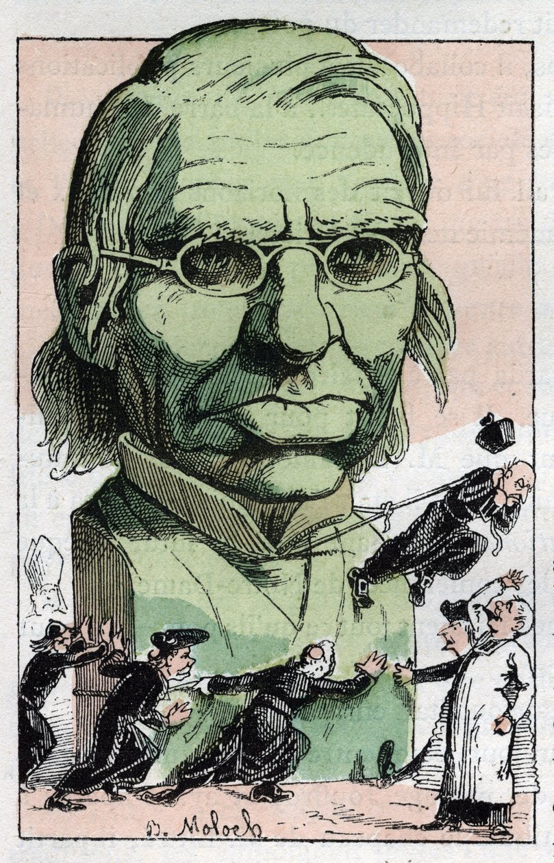 法国语言学家、医生和政治家Emile Littre (1801-1881)在Touchatout的 "Le Trombinoscope "中的肖像，B. Moloch于1882年创作的漫画（1849-1909）。私人收藏。 作者 主宰