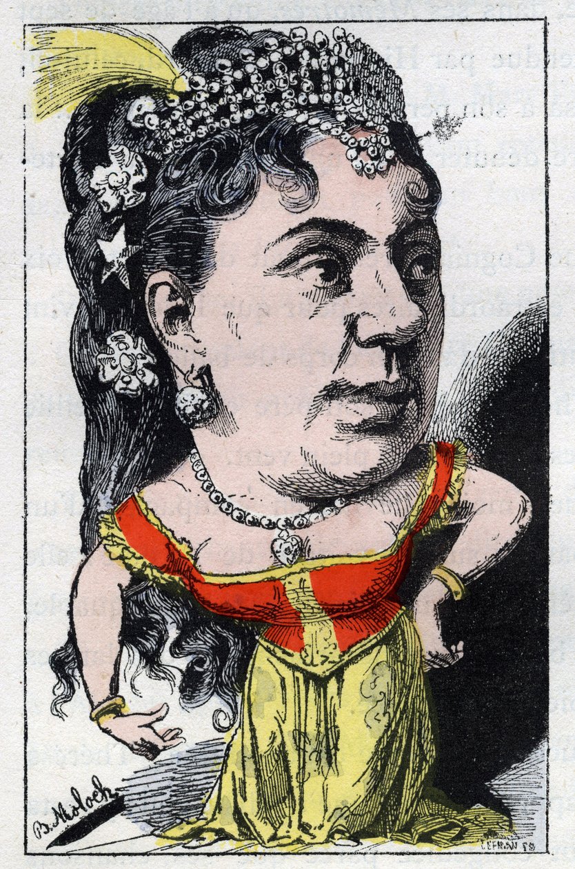 艾玛-瓦拉东-泰瑞莎（1837-1913）的肖像，法国卡巴莱歌舞团歌手，由Touchatout创作的 "长号镜"，B. Moloch于1882年创作的漫画（1849-1909）。私人收藏。 作者 主宰