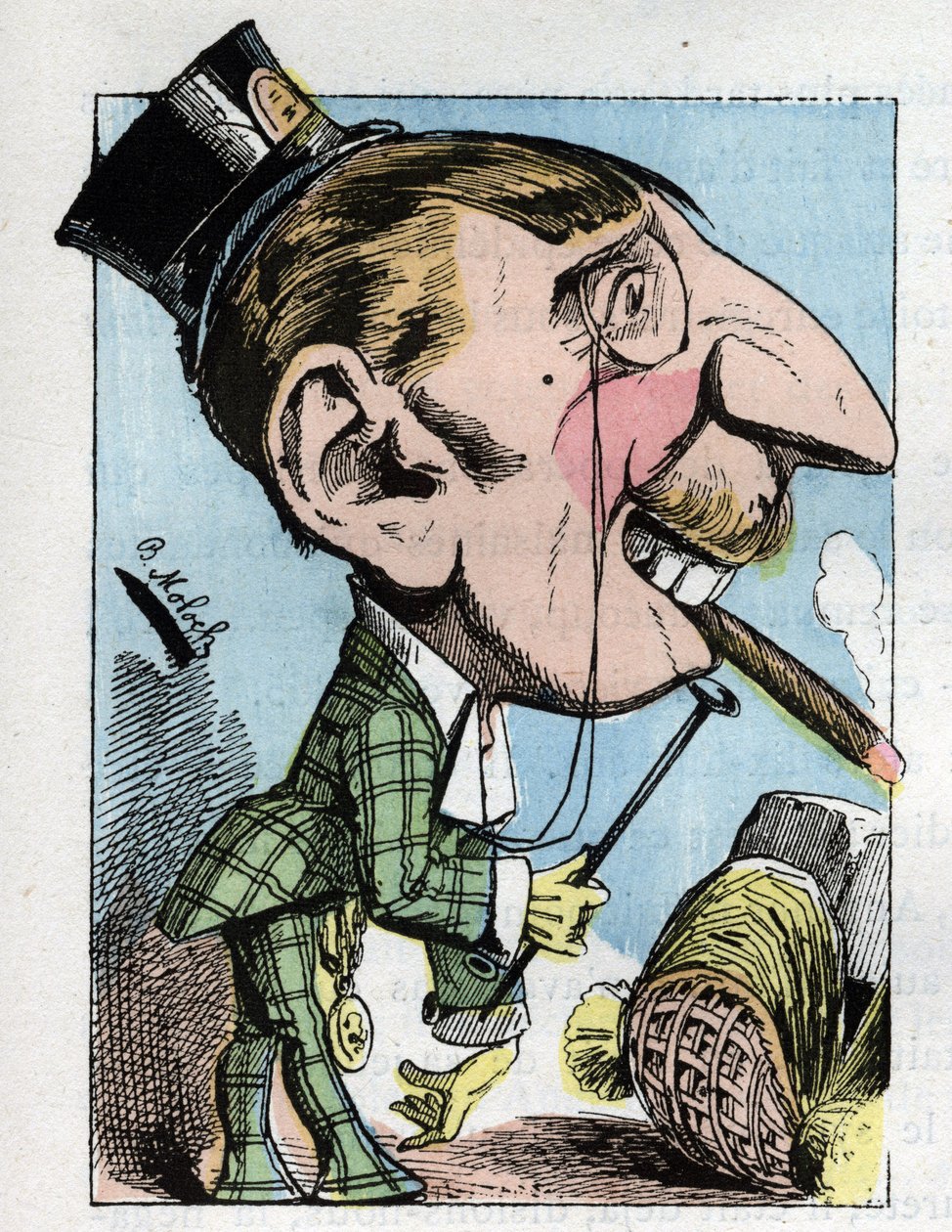 Portrait of a “” gummy “” young man has outrageous elegance and confining to ridicule (dandy, elegant, fishy, viscous) in “” Le Trombinoscope”” by Touchatout, caricature by B. Moloch of 1882 (1849-1909). Private collection. 作者 主宰