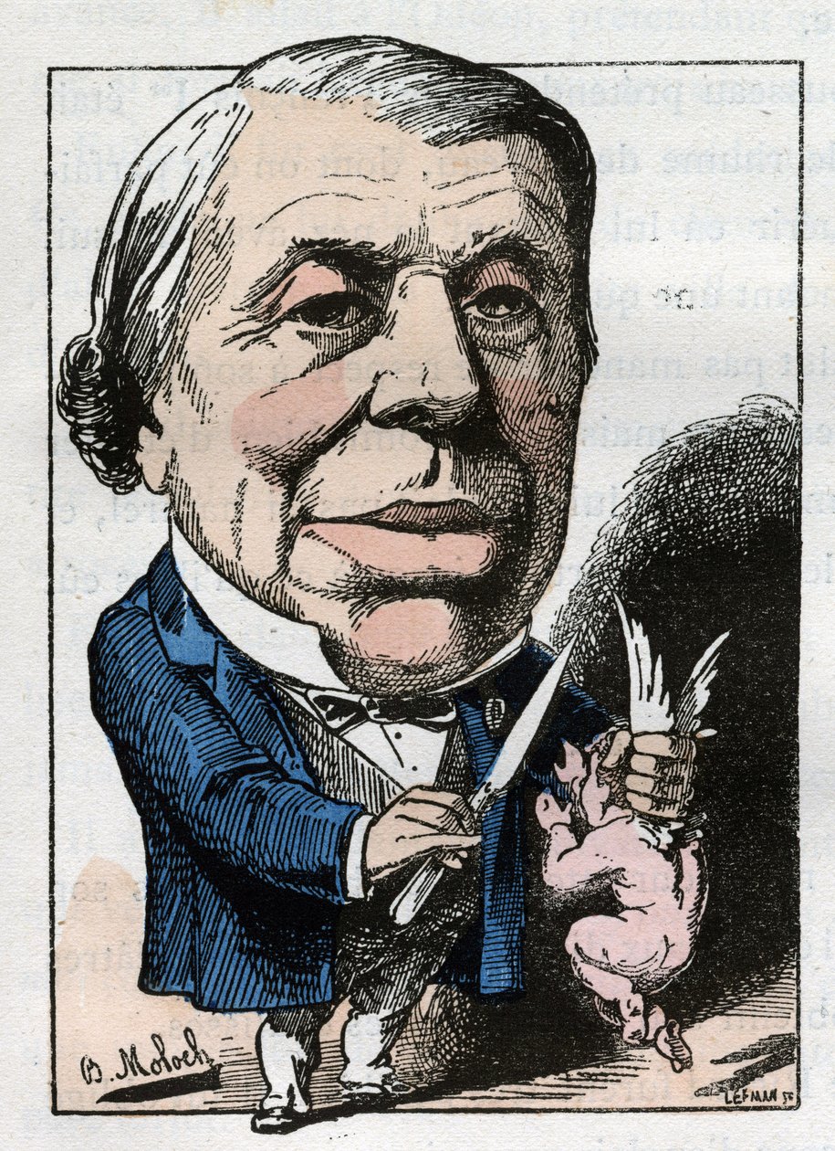 Philippe Ricord (1800-1889)的肖像，法国外科医生，在Touchatout的 "Le Trombinoscope "中，B. Moloch于1882年（1849-1909）的漫画。私人收藏。 作者 主宰