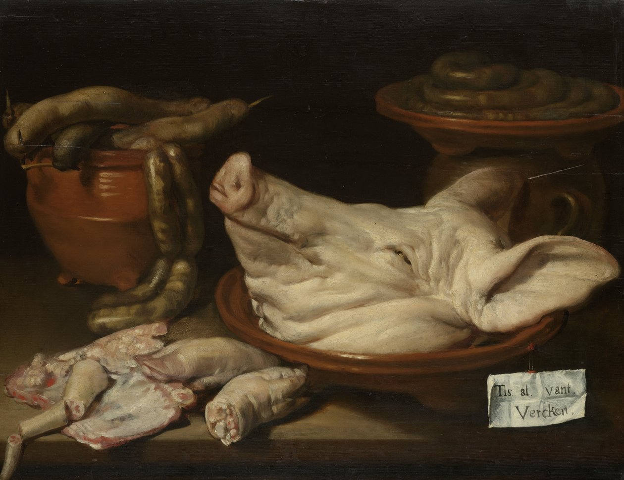 静物与猪的头，猪的指关节和香肠，c.1650 作者 Monogrammist JVR