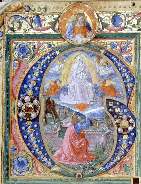 f.106v 历史性的首字母 "G"，带有圣母升天的图案，来自于一份Missal（牛皮纸）。 作者 蒙特迪乔瓦尼德尔福拉