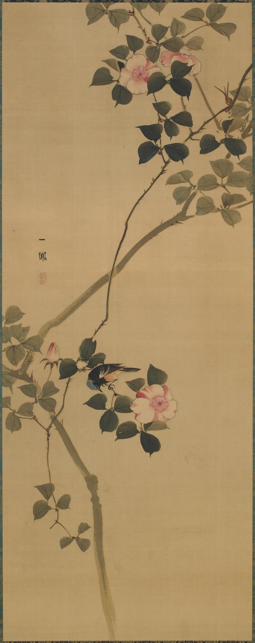 野玫瑰和一只鸟，挂轴 作者 森一波