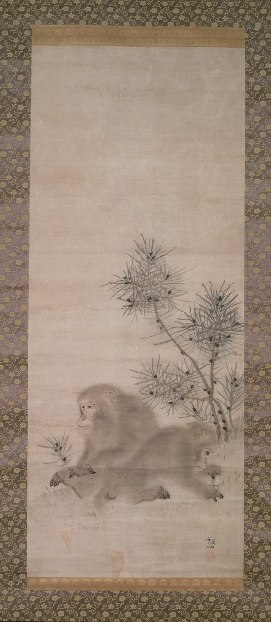 猴子与松树苗和蝴蝶，c.1800（纸上水彩） 作者 森创泉