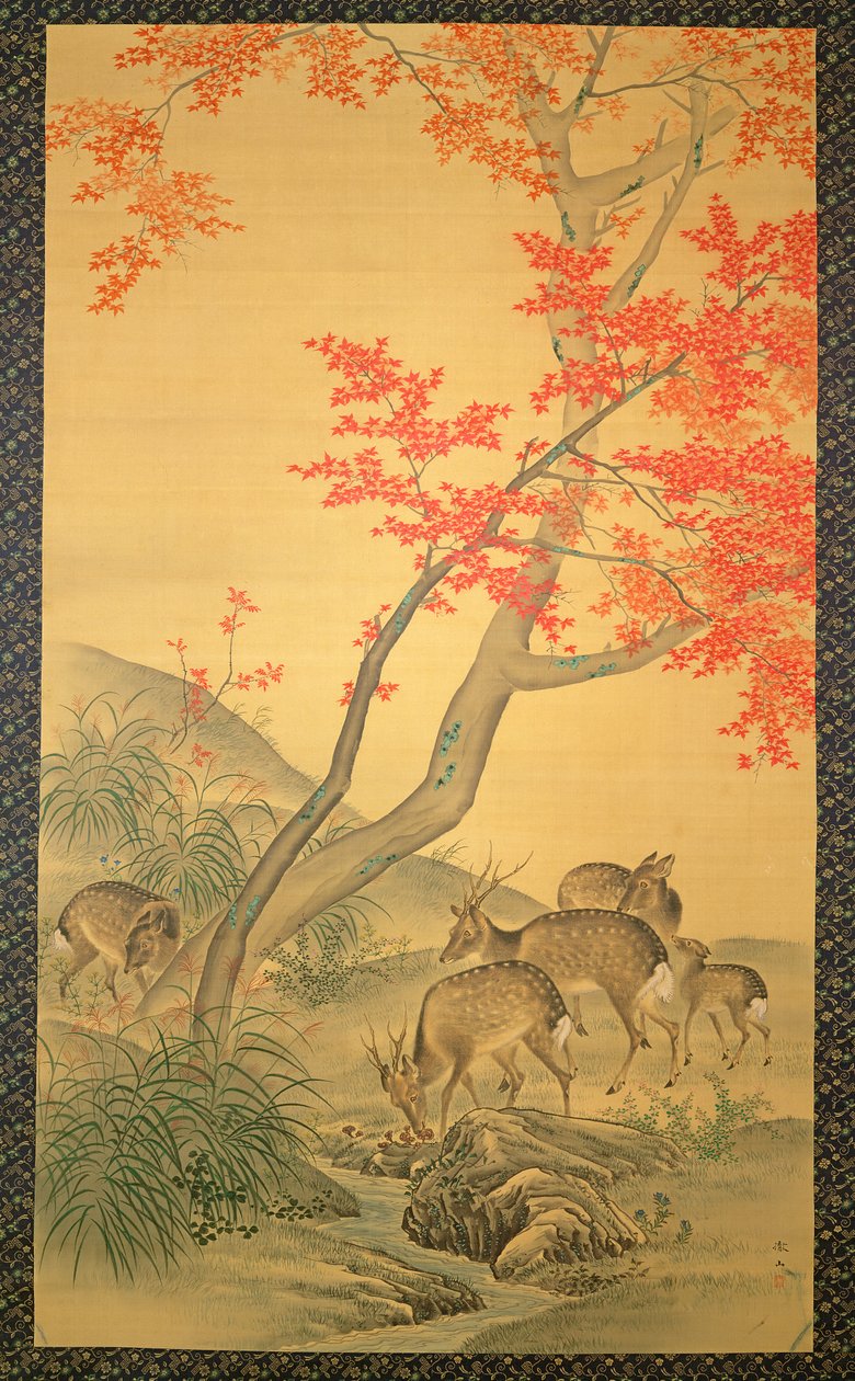 槭树下的鹿，（丝绸上的水彩画） 作者 森哲山