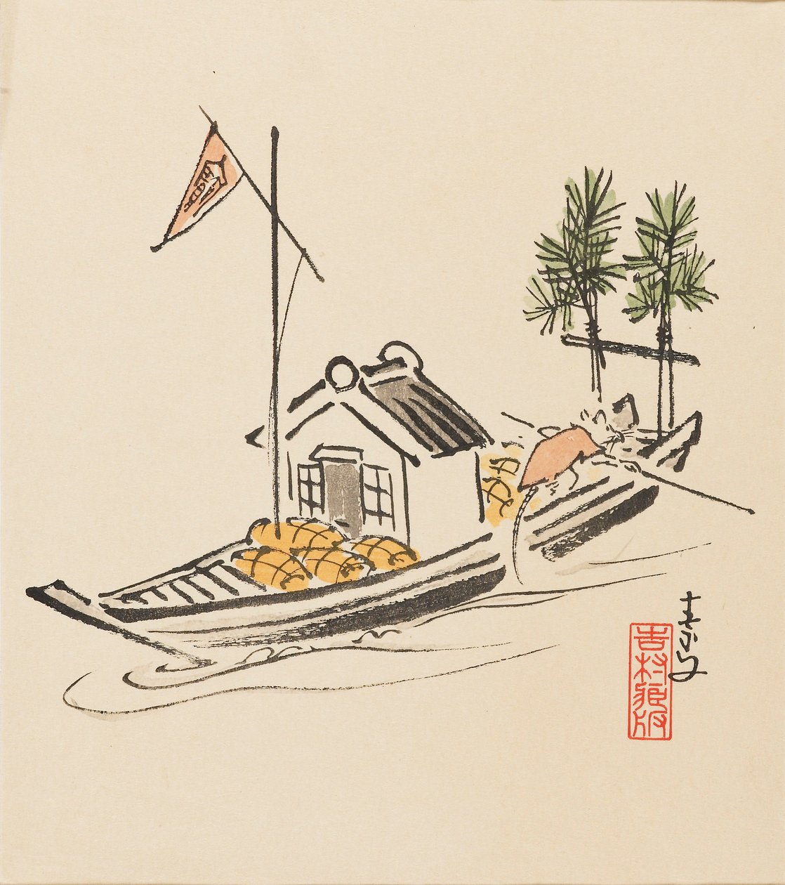木版画--老鼠打磨的Takarabune，19世纪末 作者 森川总文