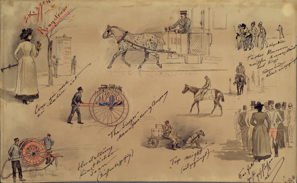 1883 年维也纳类型（环形大街素描） 作者 莫里兹·莱德利（Moritz Ledeli）