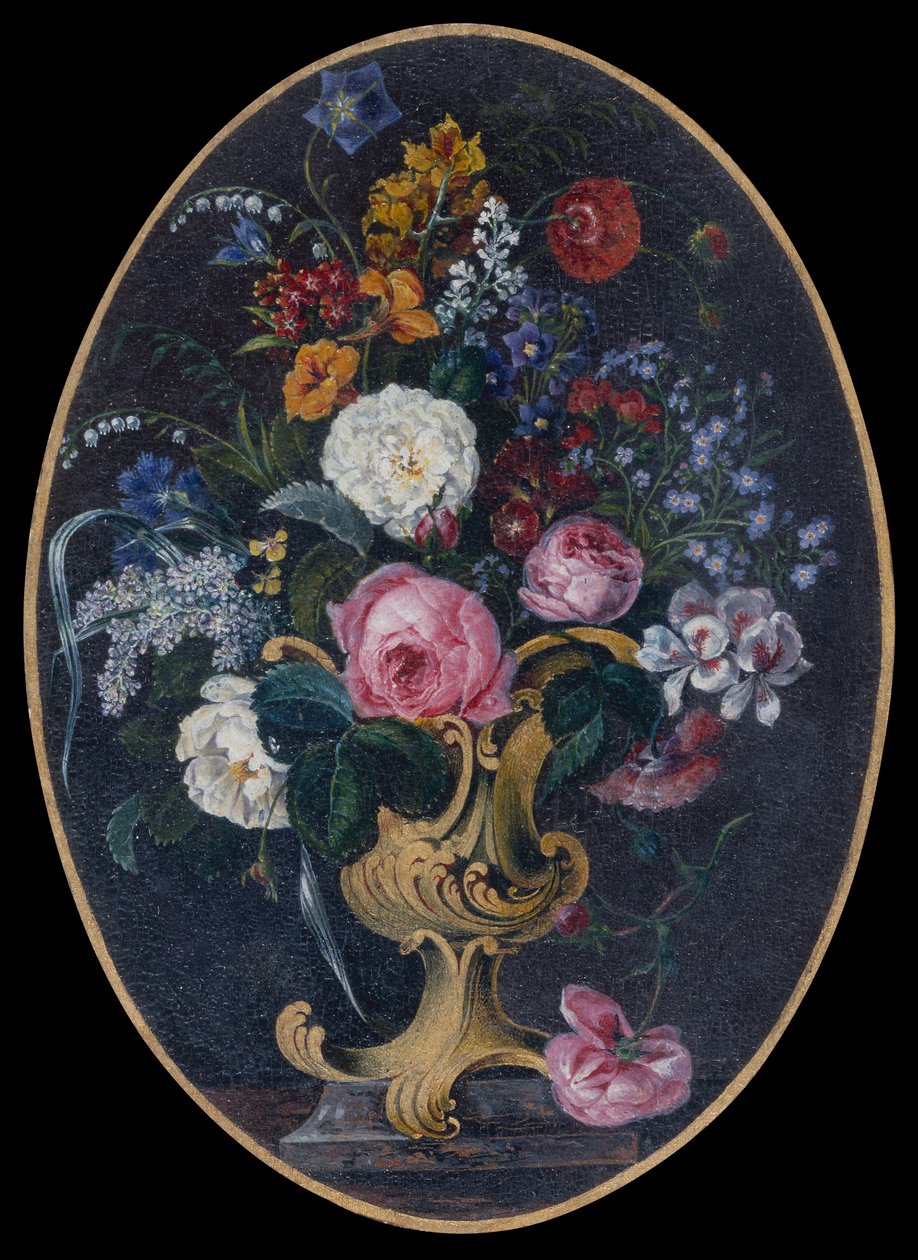 洛可可式花盆中的玫瑰、薰衣草、罂粟花和鲜花（水粉画） 作者 莫里茨·迈克尔·达芬格