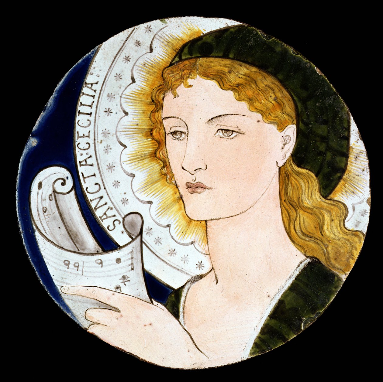 C.2-1922 Morris and Company 瓷砖，描绘圣塞西莉亚，由 Edward Burne-Jones（1833-98 年）设计，Kate Faulkner 绘制，约 1865 年（彩绘陶器） 作者 莫里斯公司