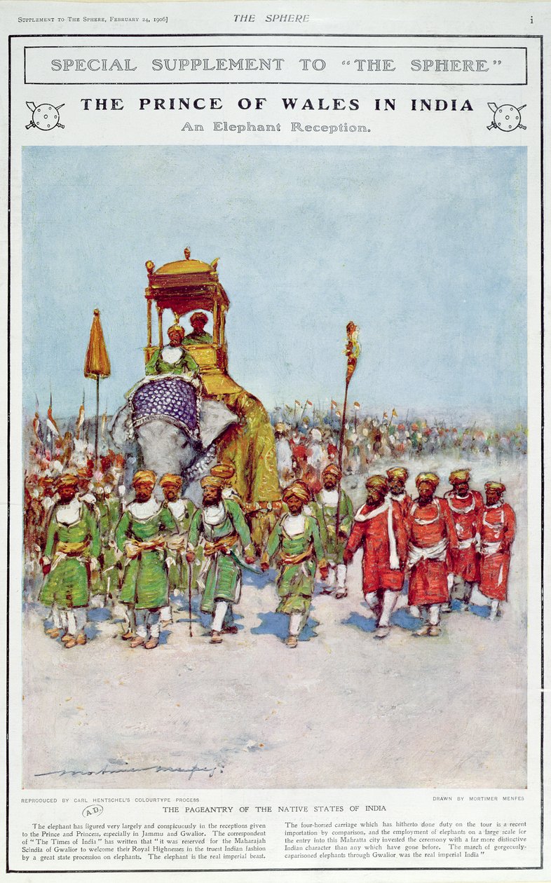 威尔士亲王的大象招待会，插图来自&39;The Sphere&39;，1906年 作者 Mortimer Ludington Menpes