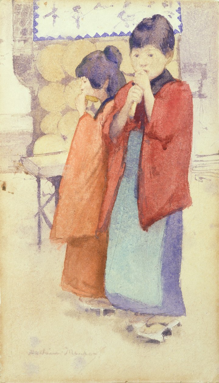 两个日本孩子的肖像，1895-96（纸上写着铅笔） 作者 Mortimer Ludington Menpes