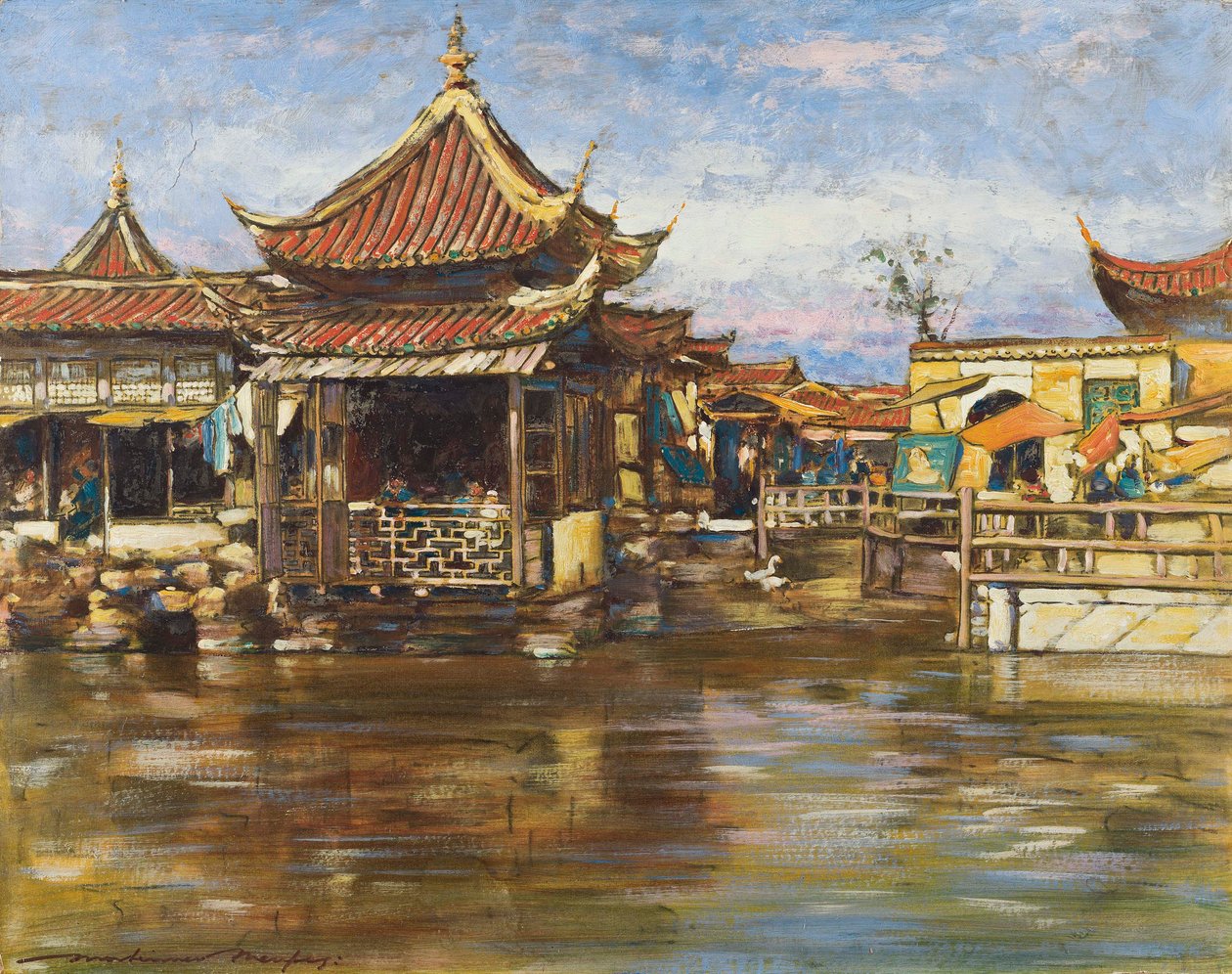 上海茶馆，1909年（船上的水粉和油） 作者 Mortimer Ludington Menpes