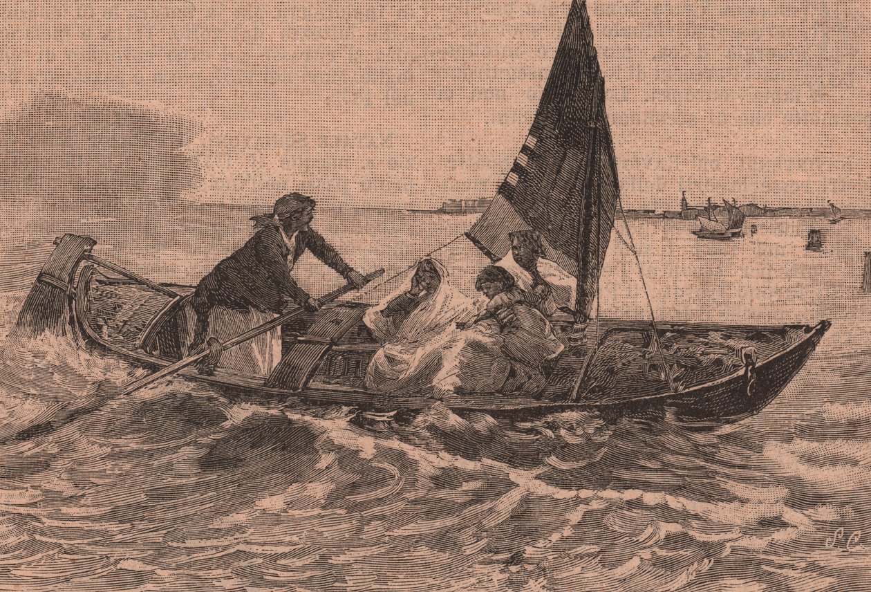 《穿越泻湖》，莫斯·比安奇（Mose Bianchi，1836-1892 年）绘画，意大利威尼托基奥贾，木刻取自 Le cento citta d