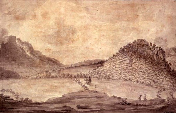 Derwentwater全景和凯瑟克谷，风景细节包括城堡头，c.1772 作者 摩西·格里菲斯（Moses Griffith）