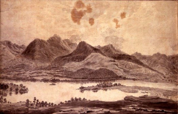 德温特水和凯斯维克谷的全景，德温特水的北端细节，约1772年（纸上铅笔和水墨）（见92086和92088-91）。 作者 摩西 (attr. To) 格里菲斯