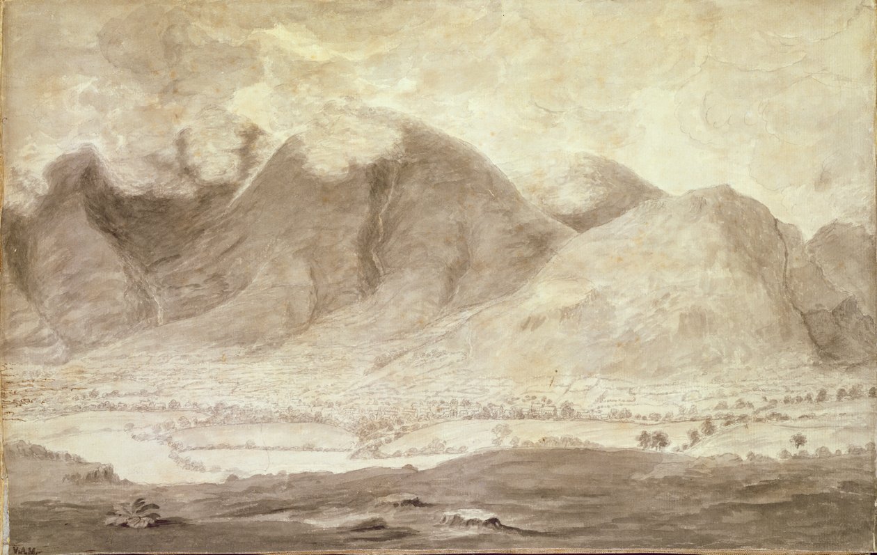 德文特沃特和凯瑟克谷的全景，Skiddaw和凯西克的细节，c.1772铅笔和纸上的洗涤见92086-88和92090-91 作者 摩西·格里菲斯（Moses Griffith）