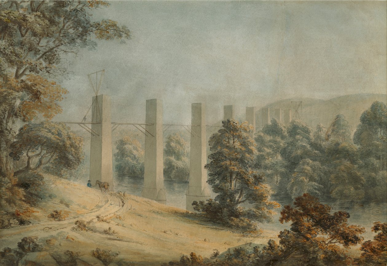 Pant-y-Gessylte 引水渠，Pontcysyllte（纸上水彩画） 作者 摩西·格里菲斯（Moses Griffith）