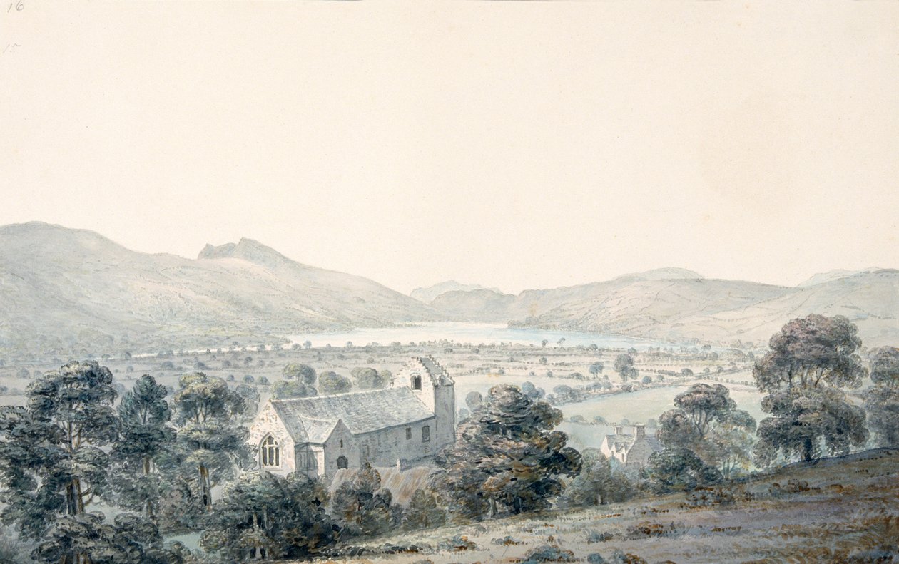 从 Meirionethshire 的 Llanfawr 教堂上方俯瞰 Llyntagit 的巴拉池 作者 摩西·格里菲斯（Moses Griffith）