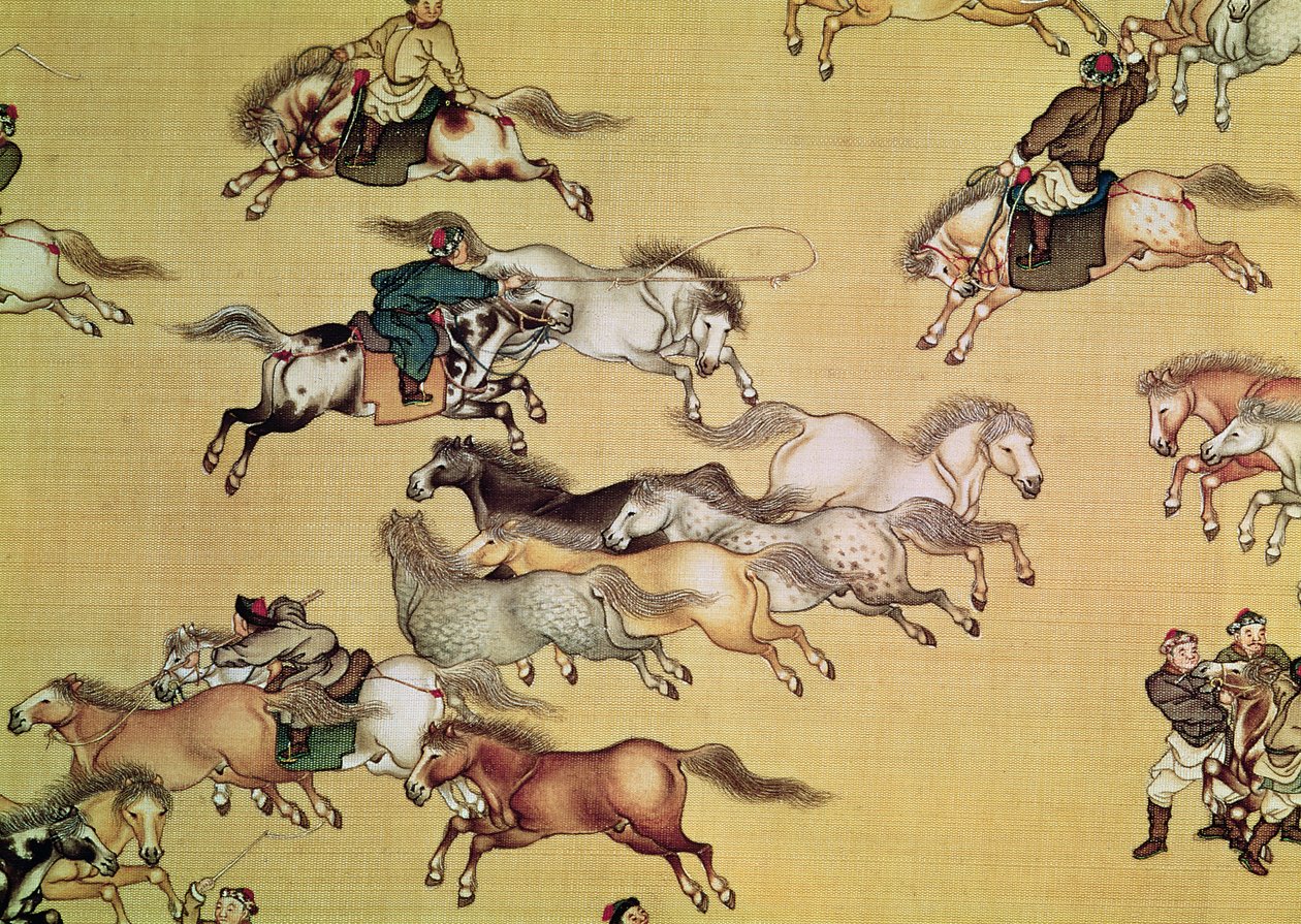 干隆皇帝的航程（1736-96）细节来自清代（彩绘丝绸） 作者 牟兰