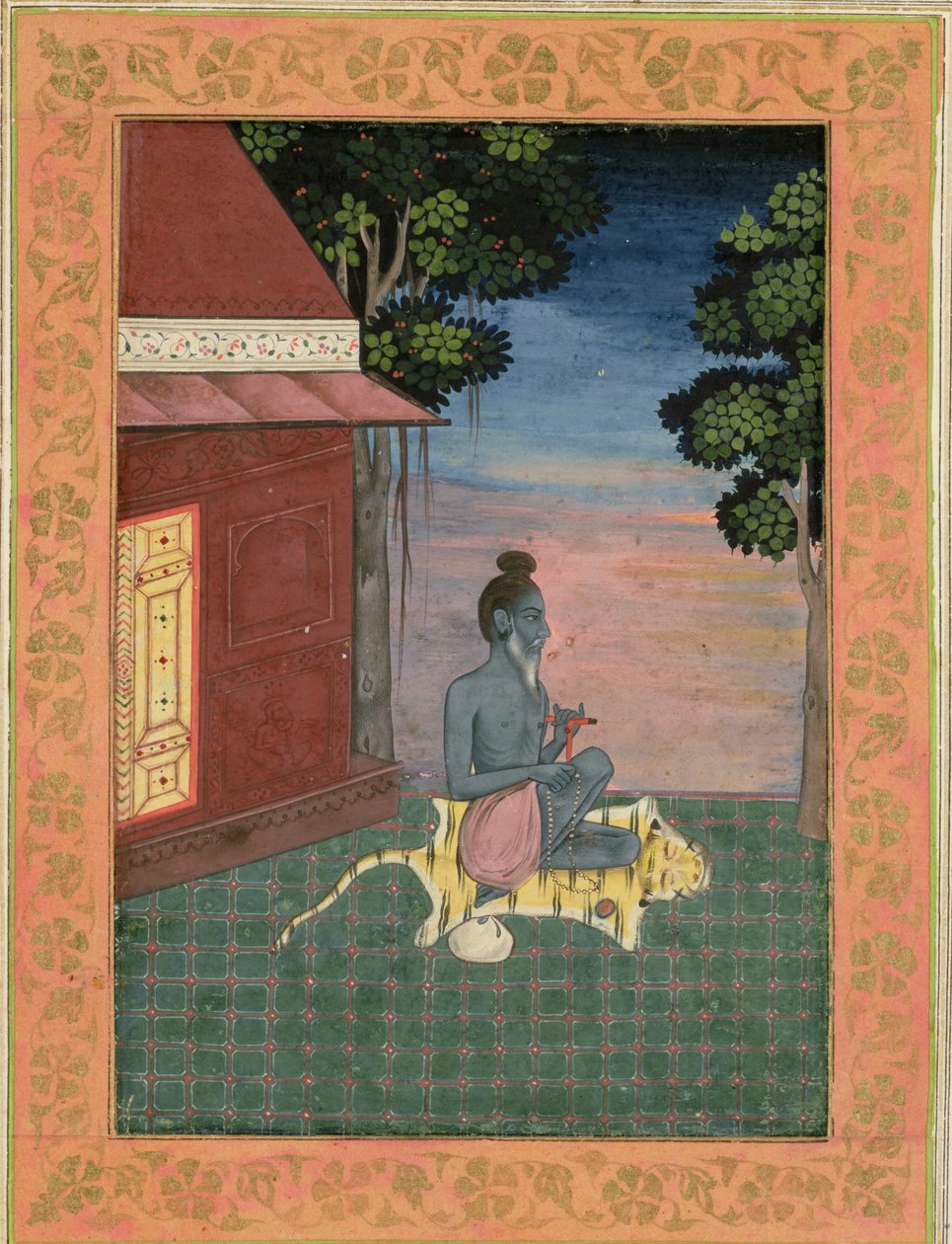 1670年，大型克莱夫画册（Green Clive Album）中的老年苦行僧坐在建筑物外的老虎皮上 作者 莫卧儿学校
