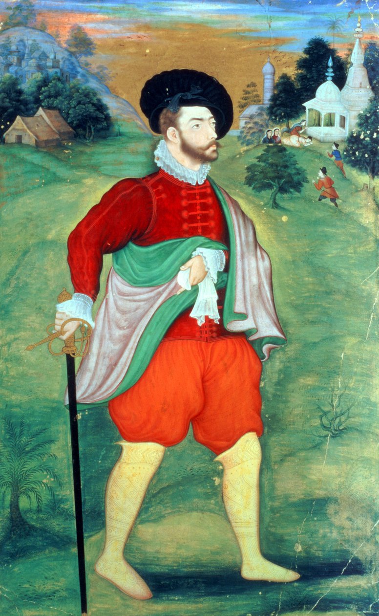 印度的欧洲人，c.1556-1605（不透明的水彩和纸上的黄金） 作者 莫卧儿学校