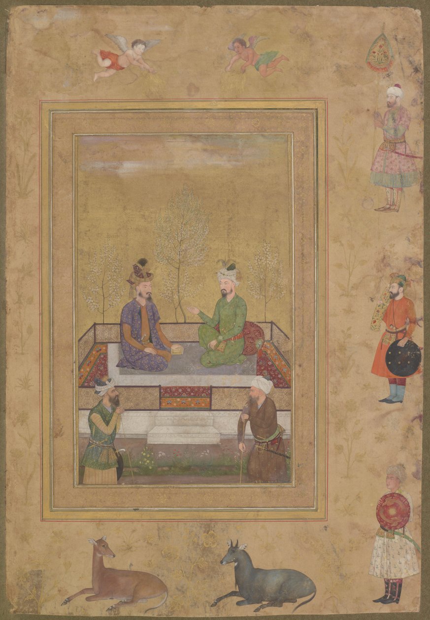 Babur和Humayun与Courtiers，来自已故的Shah Jahan专辑，分离的手稿对开，c.1640 作者 莫卧儿学校