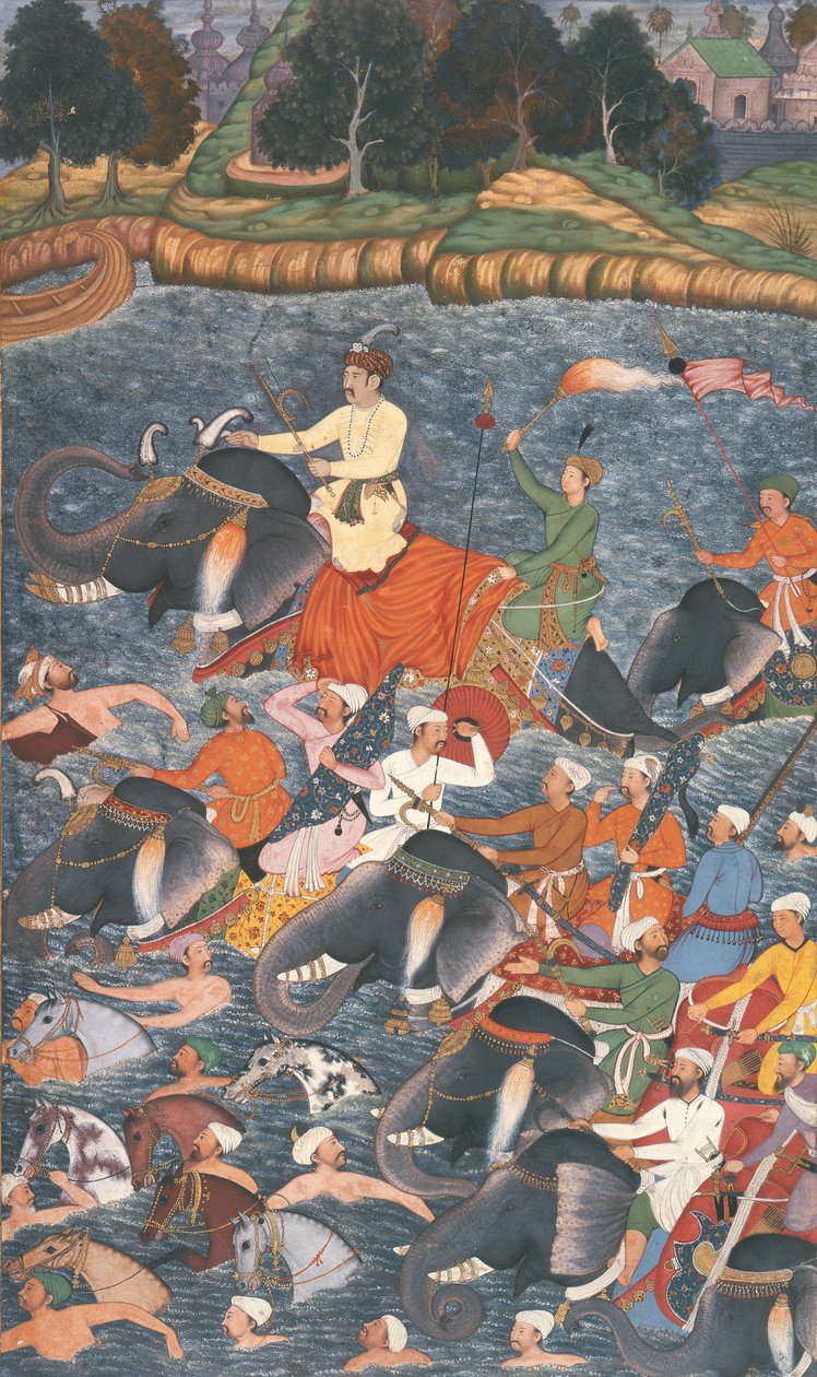 皇帝阿克巴（r.1556-1605）于1567年穿越恒河，由阿布扎兹（Abu&39;l Fazi）制造的&39;Akbarnama&39;，1590-98（纸上不透明的黄金和黄金） 作者 莫卧儿学校