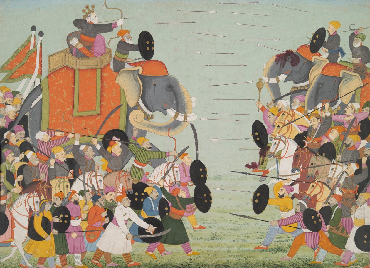 Bhagavata Purana系列，第10册，Balarama和Jarasandha之间的战争，1760-65（wc和黄金在纸上）的插图 作者 莫卧儿学校