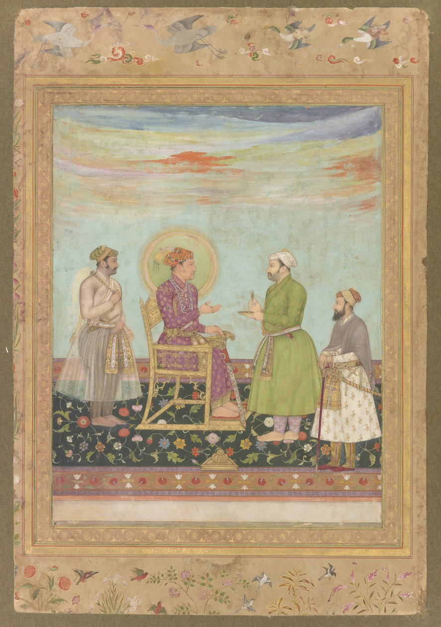 Jahangir与Asaf Khan和Shayista Khan，来自已故的Shah Jahan专辑，分离的手稿对开，c.1650 作者 莫卧儿学校