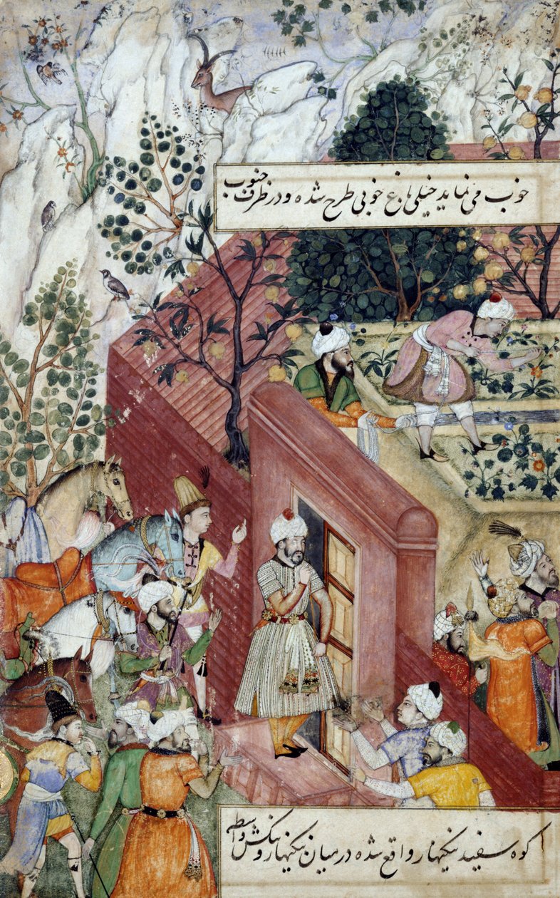 莫卧儿皇帝巴布尔（r.1526-30）即将使用“Akbarnama”，第1590页（羊皮纸上的水粉），使用线条来铺设花园 作者 莫卧儿学校