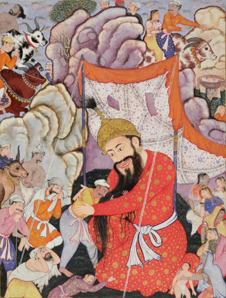 Zumurrud Shah到达一个巨大的山脚，并与Raim Blood-Drinker和Yaqut Shining一起加入，1557-72（wc＆gold leaf on cotton） 作者 莫卧儿学校