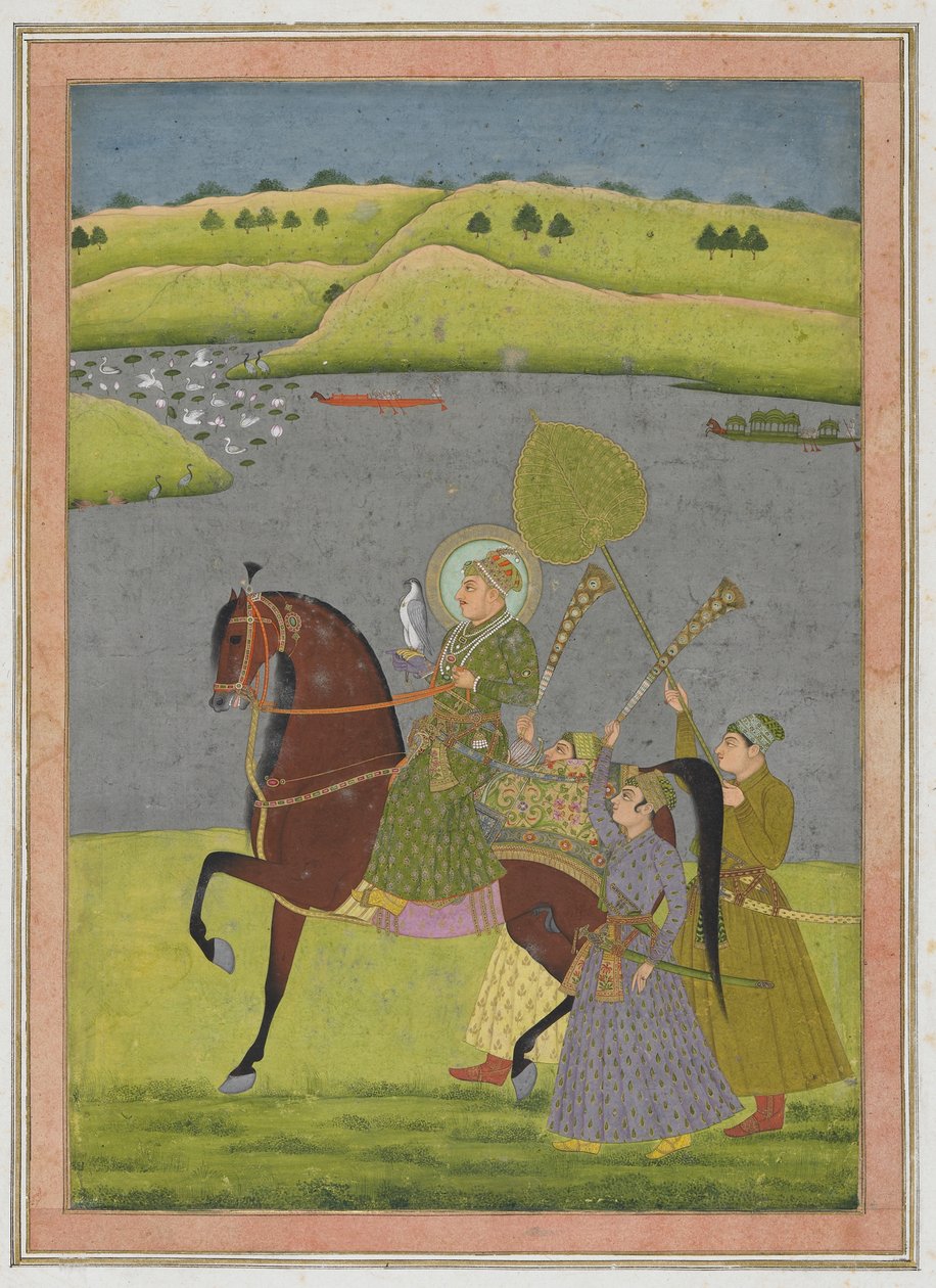 来自Impey专辑的Muhammad Shah的马术肖像，独立的手稿对开，c.1730（不透明的水彩和纸上的黄金） 作者 莫卧儿学校