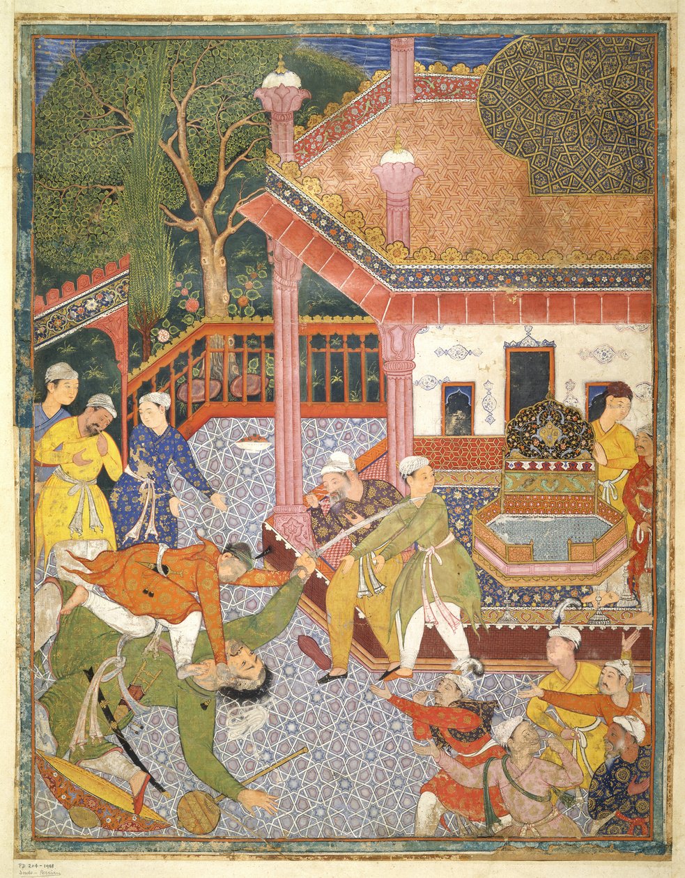 一位英雄在院子里围观一群人之前杀了一个巨人，来自Hamza Nama的插图，c.1555-67（棉花上的身体颜色） 作者 莫卧儿学校
