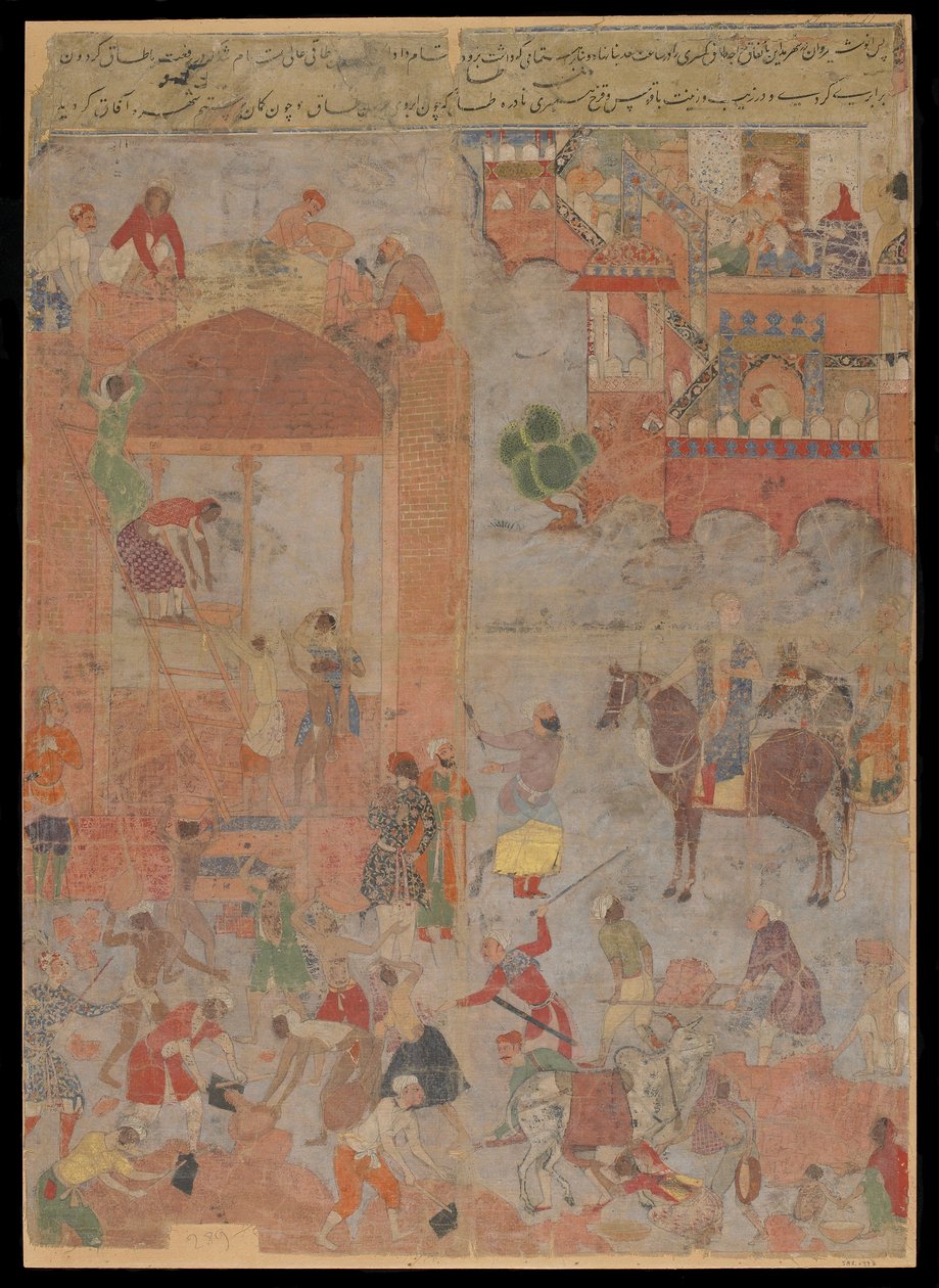 Anushirvan在吉祥时刻奠定了Ctesiphon的基础，手稿对开，1560-1565（不透明的水彩，墨水和金在布上，安装在纸板上） 作者 莫卧儿学校