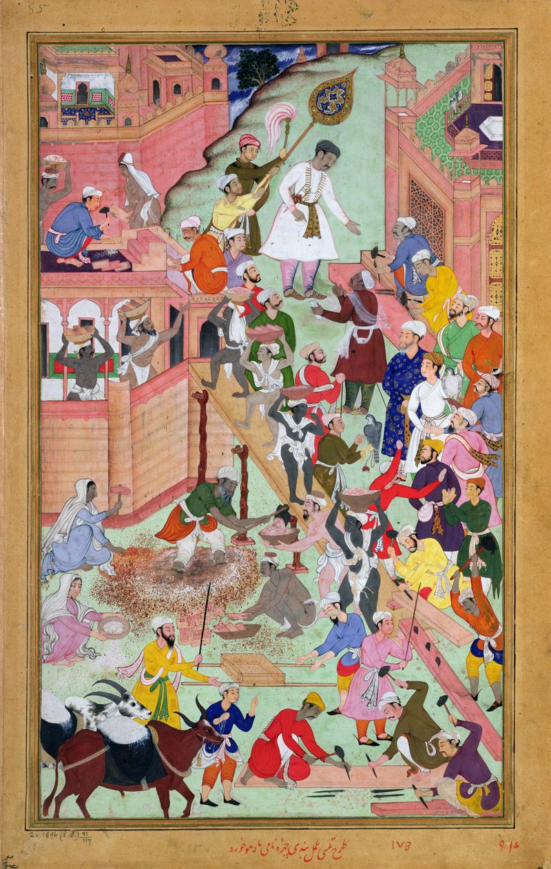 阿克巴皇帝（公元前1556-1605）在1590年至1954年完成了Fatepur Sikri的建筑工作，完成了1584年的Akbarnama（不透明的wc和黄金在纸上） 作者 莫卧儿学校