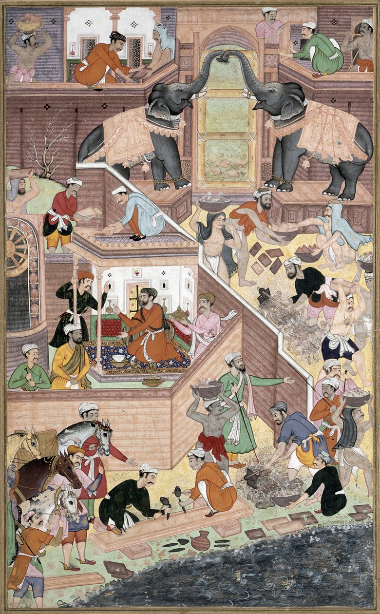 阿克巴皇帝（r.1556-1605）检查Fatepur Sikri的建筑工作，由Abul Fazi制造的Akbarnama，1590-98（纸上不透明的黄金和黄金） 作者 莫卧儿学校