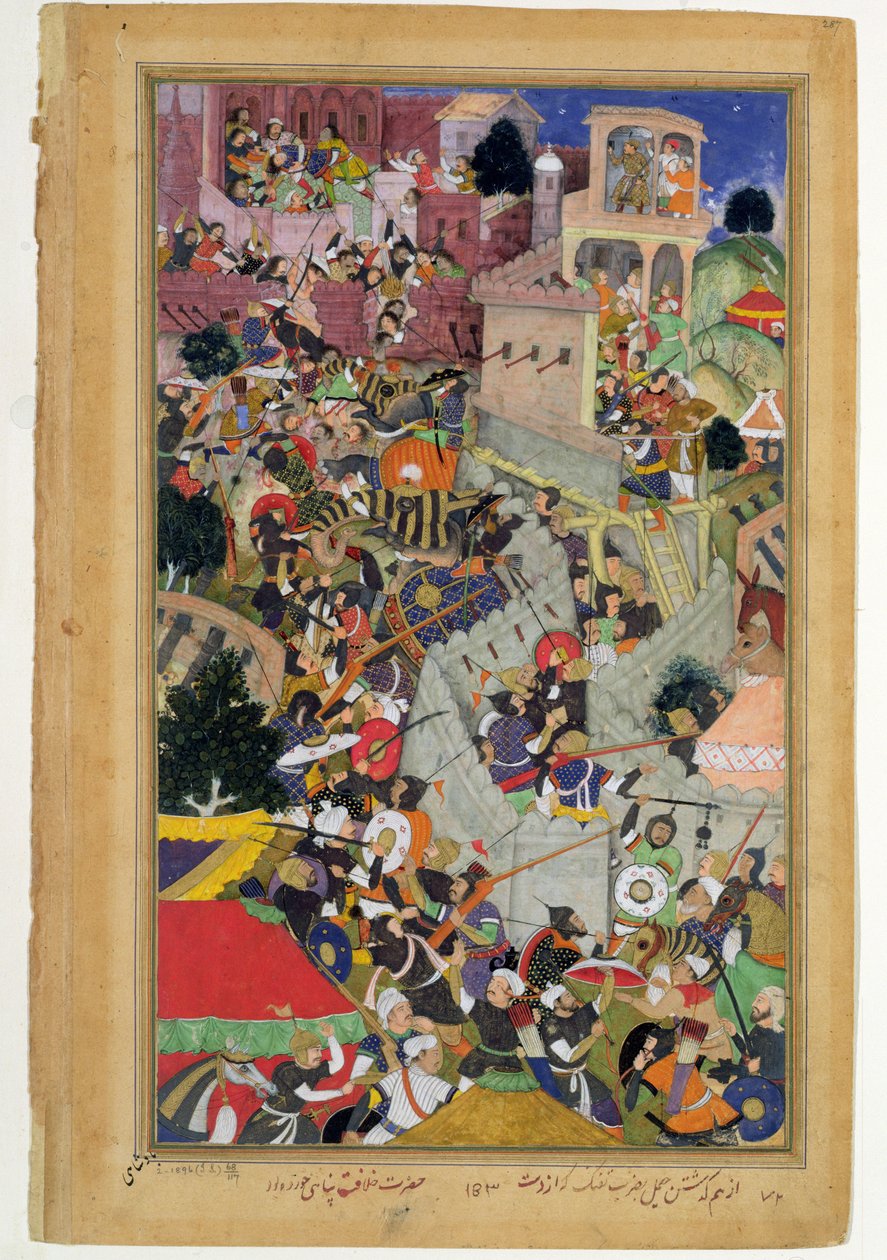 阿克巴皇帝（r.1556-1605）于1567年在Chitov围城射击Saimal，由Abul Fazi制作的Akbarnama，1590-98（不透明的wc和黄金在纸上） 作者 莫卧儿学校