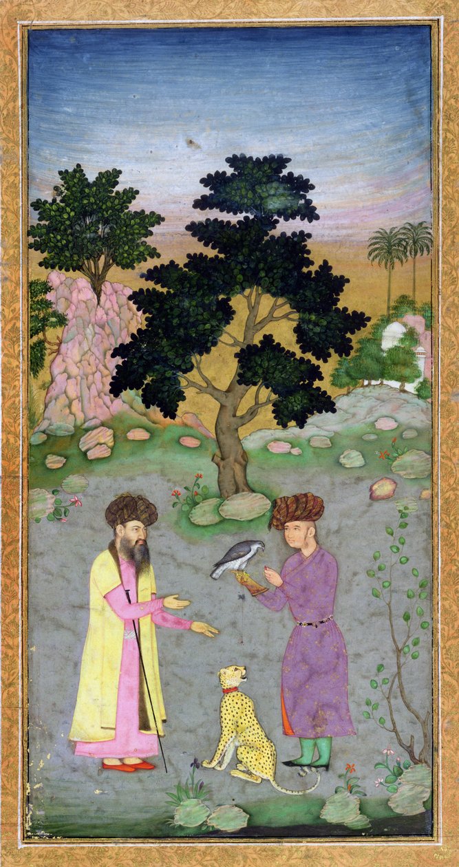 Falconer与伴侣和宠物猎豹，来自Small Clive Album，c.1610-15（纸上不透明的wc） 作者 莫卧儿学校