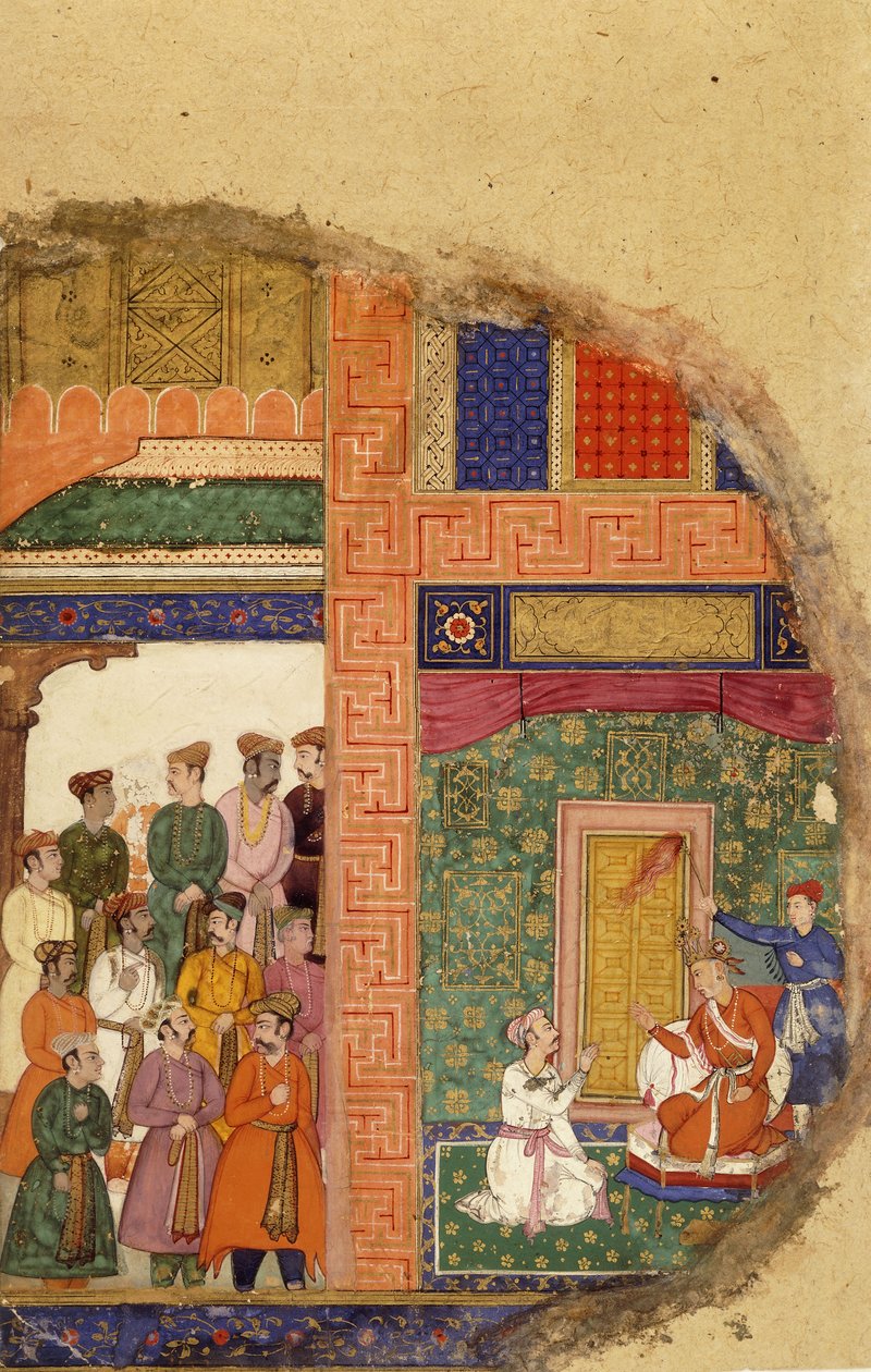 1595年，国王达萨拉塔（Darasaratha）与家庭牧师就拉玛在宫内的摄政事宜进行了交谈，而朝臣和牧师则在院子里等候 作者 莫卧儿学校