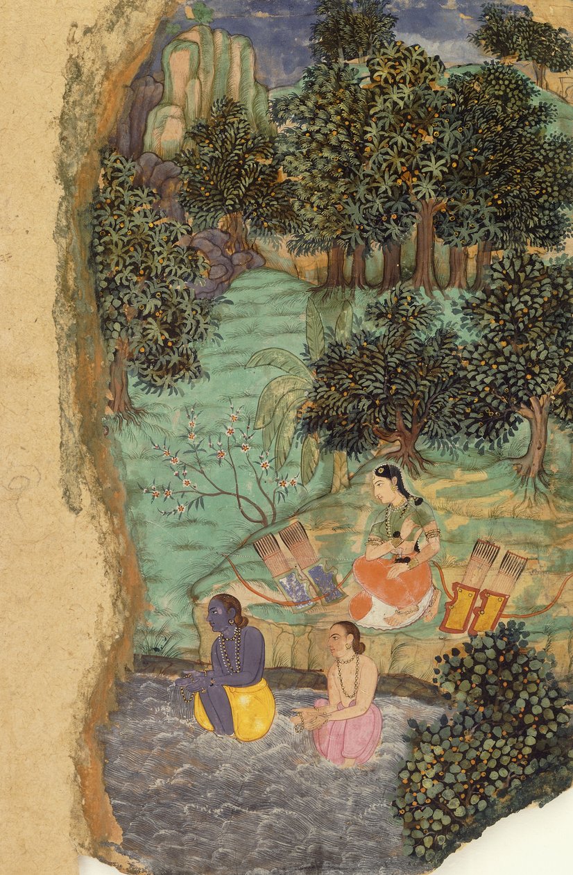 拉玛（Rama）和拉克斯玛（Lakshmana）在曼达基尼河岸上向死去的父亲供水，约1595年 作者 莫卧儿学校