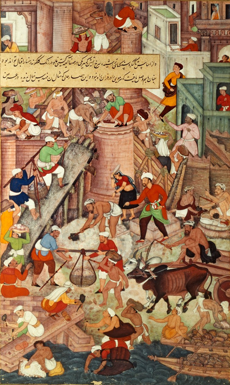 建筑时期的阿格拉红堡，取自莫卧儿王朝的 "阿克巴纳玛"（Akbarnama）。 作者 莫卧儿学校