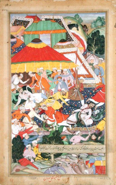 1573 年，基兰汗在向古吉拉特进军时被拉吉普特人击伤，摘自 Abu