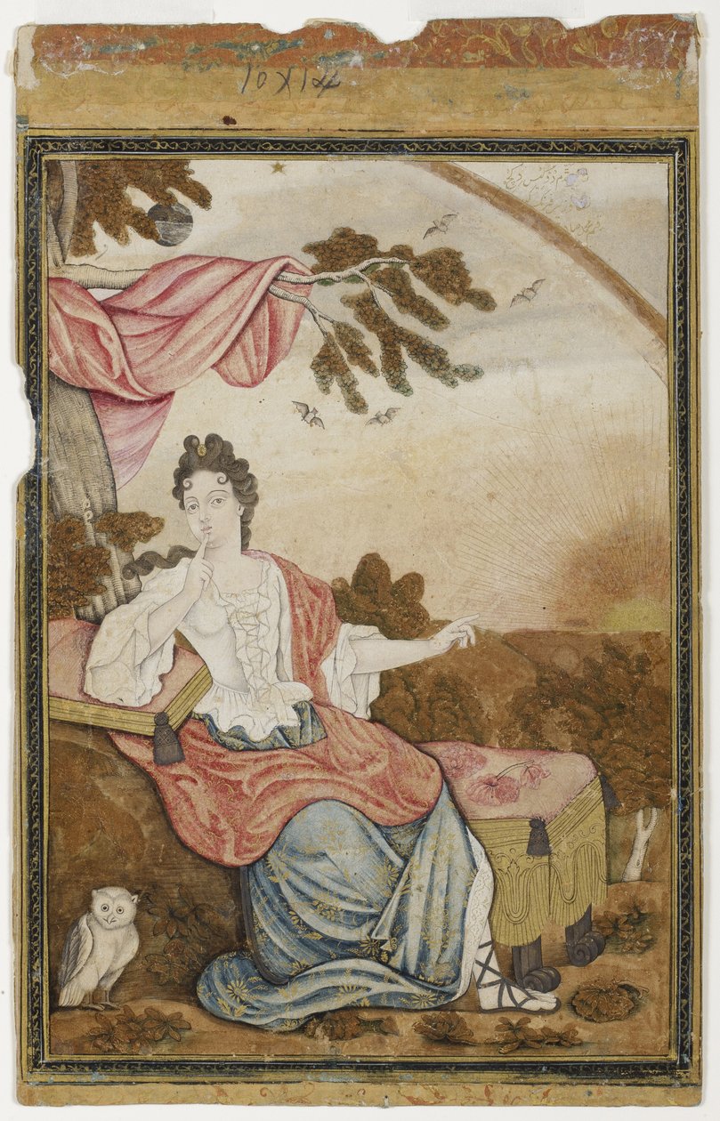 一名欧洲妇女坐在树枝下，一只猫头鹰，1700-32（纸上不透明的黄金和黄金） 作者 穆罕默德·萨迪克（Muhammad Sadiq）
